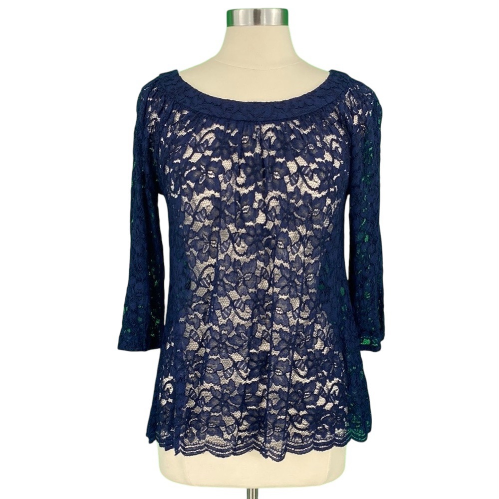 Diane Von Furstenberg DVF Elisabetta Navy Blue Sheer Floral Lace Dressy Blouse